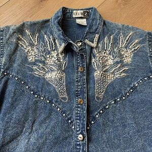 Vintage 1990s Club Z Womens Large Denim Western Shirt Bead Embroidered Bedazzled